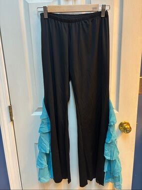 Black Women's Flamenco Pants with Aqua Ruffle Side Panels
